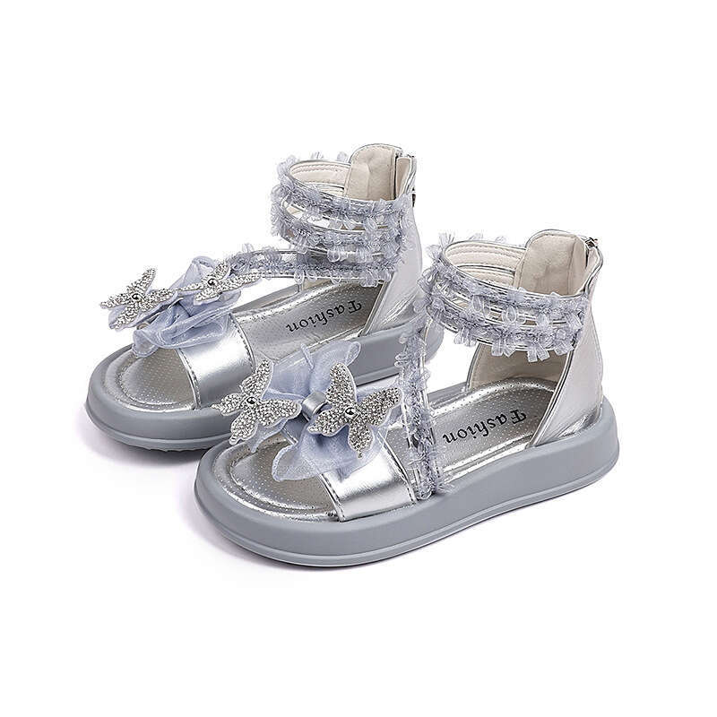 Girls' Fashion Roman 2025 Summer New Korean Style Children's Butterfly Rhinestone Princess Shoes Soft Sole Beach Sandals
