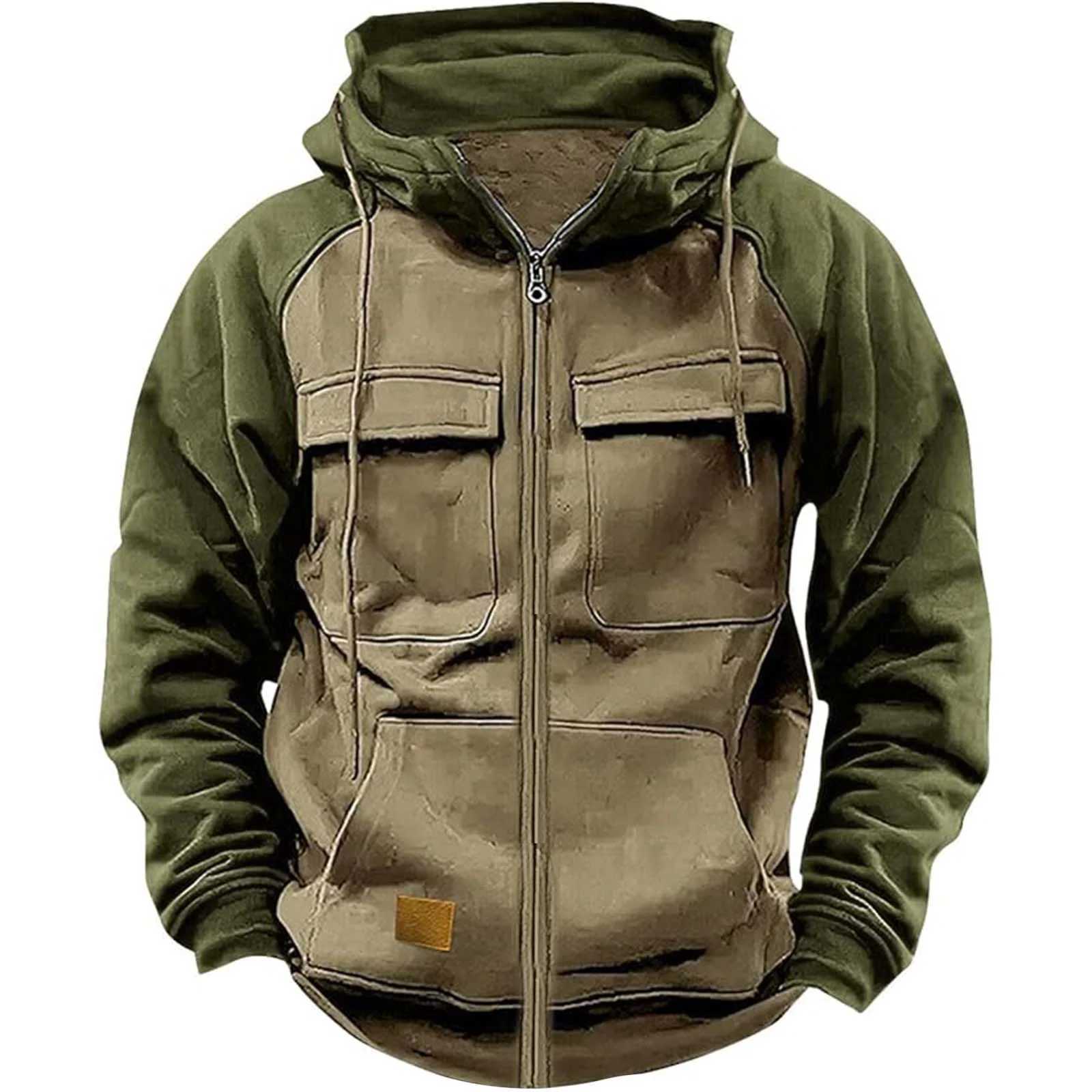 Autumn Winter Hoodies Men Zipper Patchwork Warm Fleece Sweatshirts Multi Pockets Mens Fashion Hooded Jacket Thick Outdoor Hoodie XJ250714