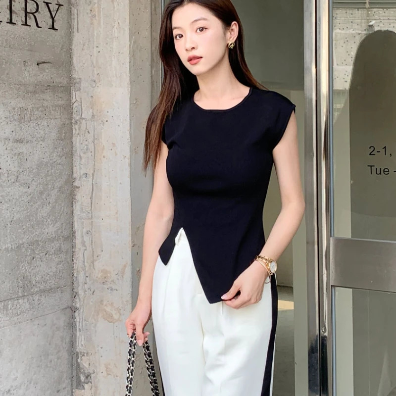 Viscose High Stretch Crewneck Slim Fit Ribbed Women Top SpringSummer Asymmetrical Hem Chic Tshirt Office Casual Knit Blouse 250708