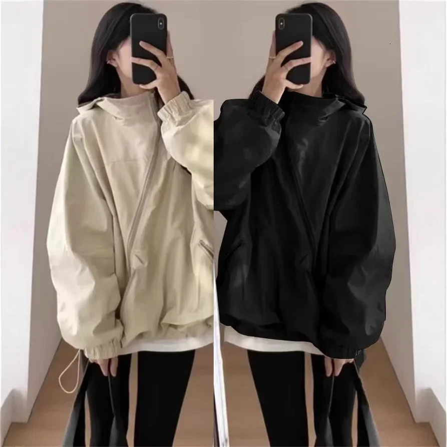 Korean Style Thin Windbreaker Jacket Womens Casual Workwear Coat with Hood Personalized Fashion Loose Fit Outerwear 250708