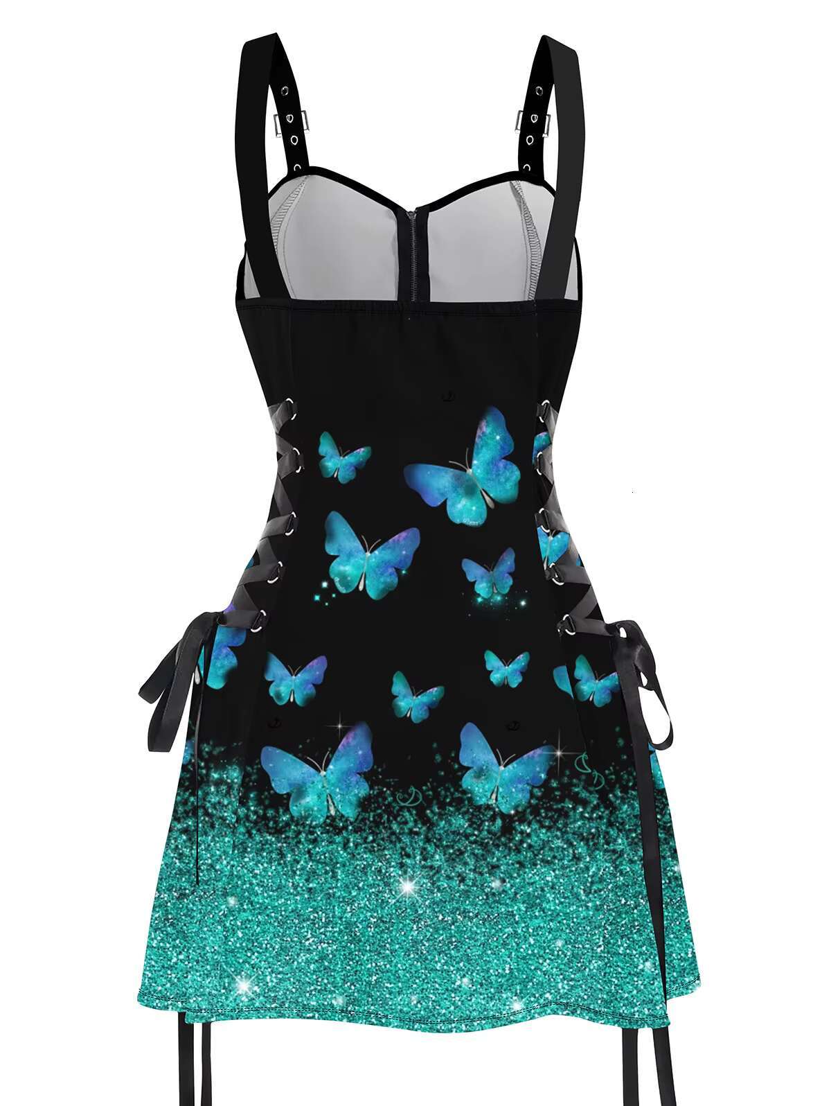 Dressfo 2025 Womens Sexy Sleeveless Dresses Shiny Butterfly Print Lace Up Half Zipper Buckle Strap Mini Dress Vestidos dongdumaoyi
