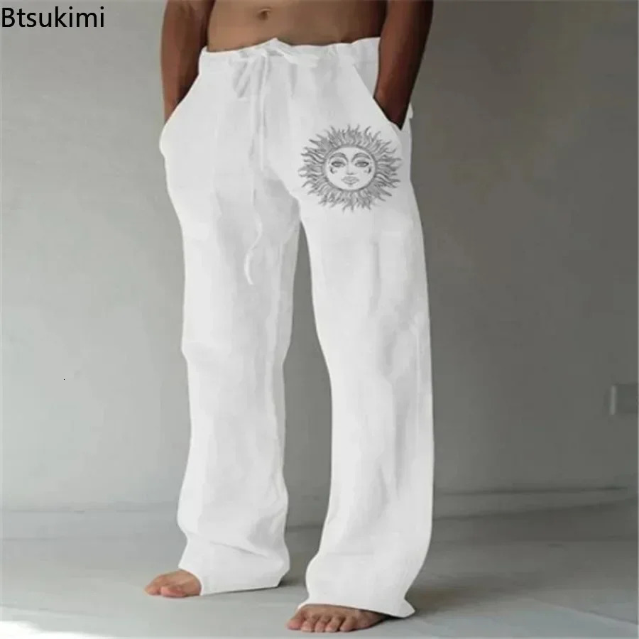Mens Cotton Linen Pants Oversized Jogger Sweatpants Casual Flower Print Plus Size Loose Wide Leg Pants Men Casual Trousers 250708