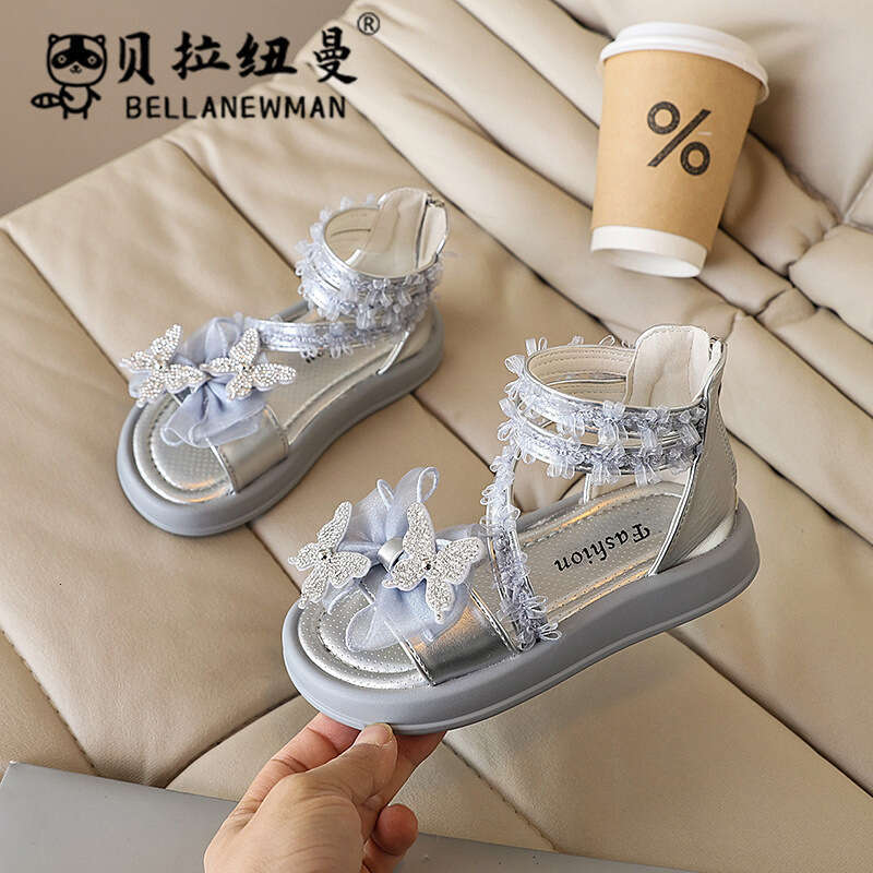 Girls' Fashion Roman 2025 Summer New Korean Style Children's Butterfly Rhinestone Princess Shoes Soft Sole Beach Sandals