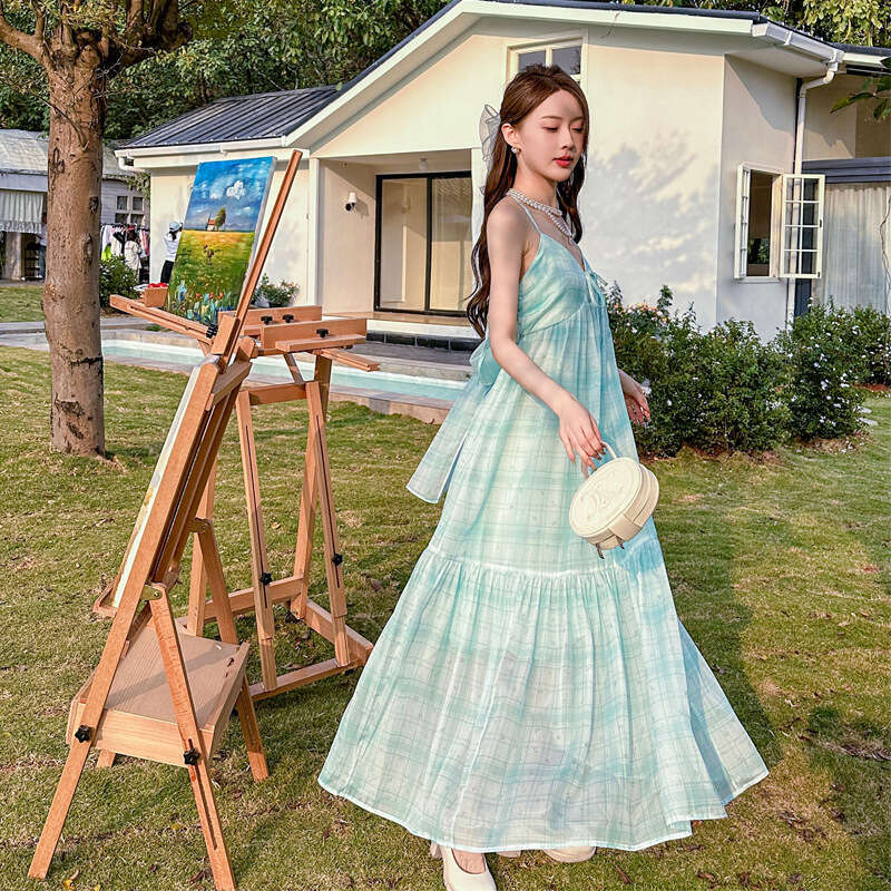 New French Style Halter Neck Strap Super Fairy Summer Vacation Sanya Beach Long Dress B5