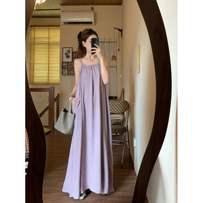 French Style Spaghetti Strap For Women Spring Summer New Elegant Loose Slimming Vacation Sleeveless A-Line Long Dress B5