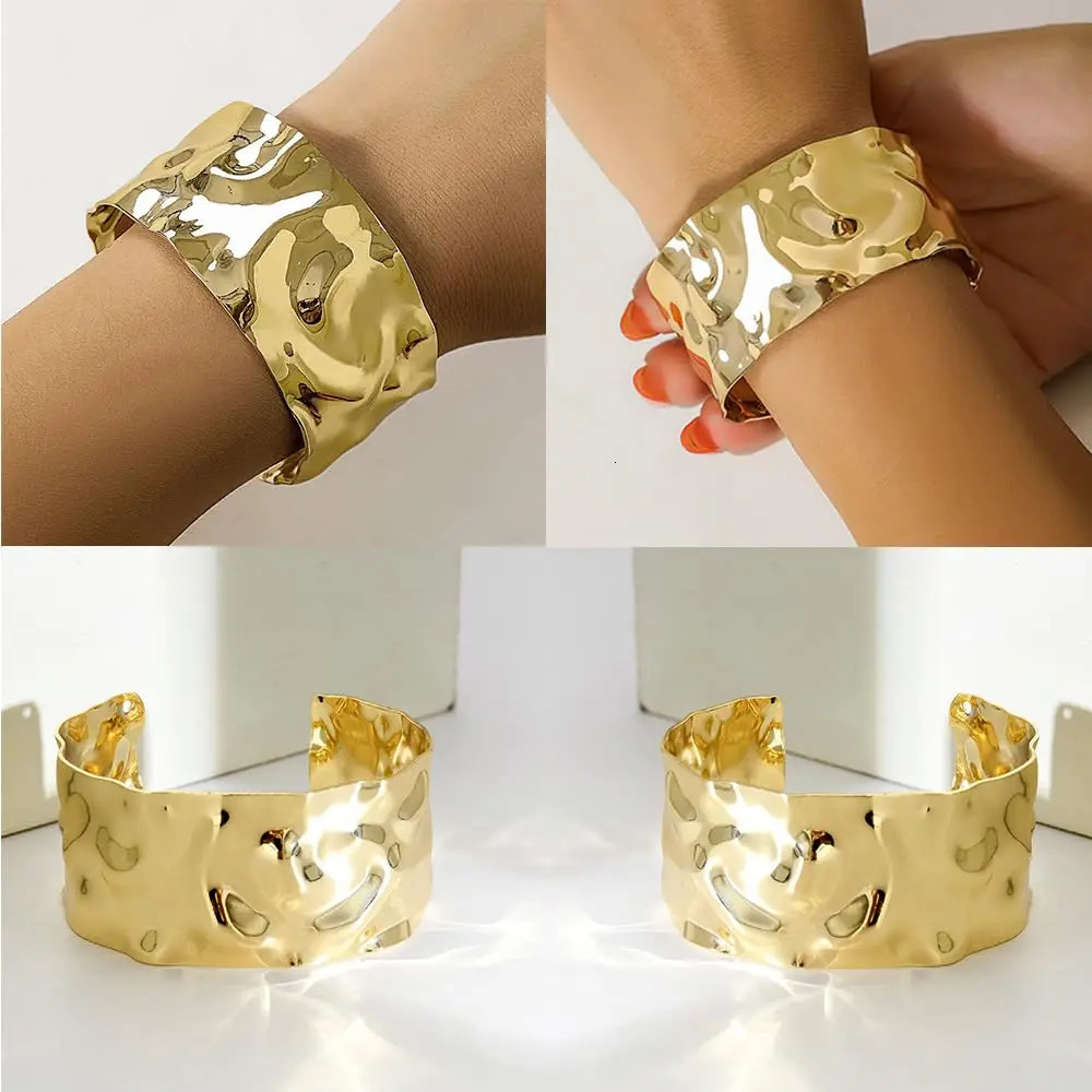 3PCS Chunky Gold Color for Women Irregular Minimalist Bracelets Set Open Wide Bangle Arm Cuff Jewelry designer bracelet women luxury jewelry gold mens - view 5