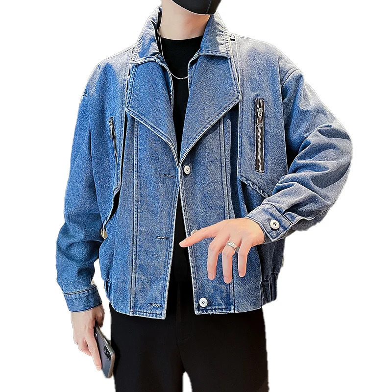 Korean Fashion Water Denim Jacket for Men Autumn Loose Lapel Casual Jeans Social Streetwear Harajuku Hip Hop Coat Clothing 250704