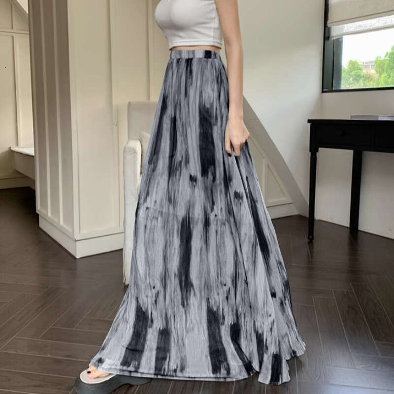 Summer Ink Wash Pleated Midi For Women, Slim Fit High Waist Draped Loose Flared Long Skirt B5
