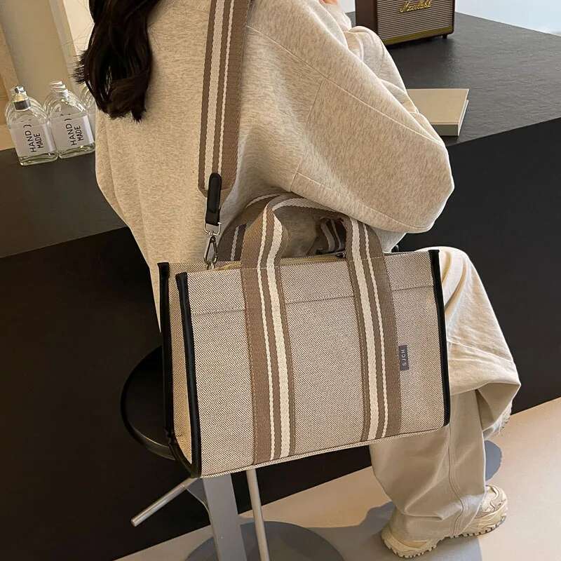 Linen Fabric Handbags For Women Quality Striped Large Capacity Shoulder Crossbody Latest Plain Color Shopping Totes Bag