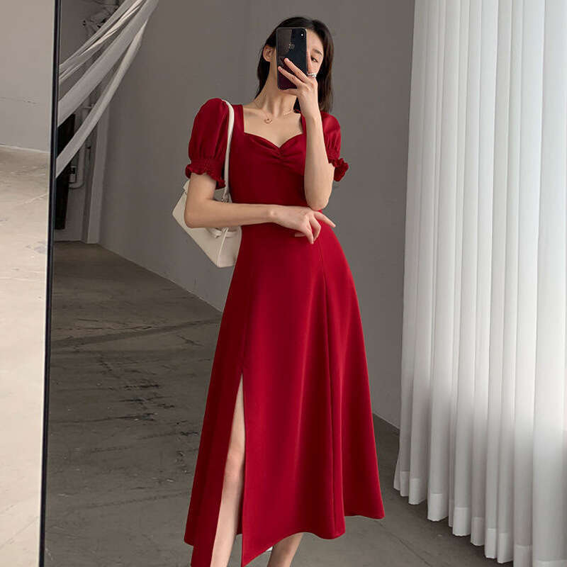 Square Neck Puff Sleeve Slit Black Women's Summer New French Design Sense Niche Long Dress B5
