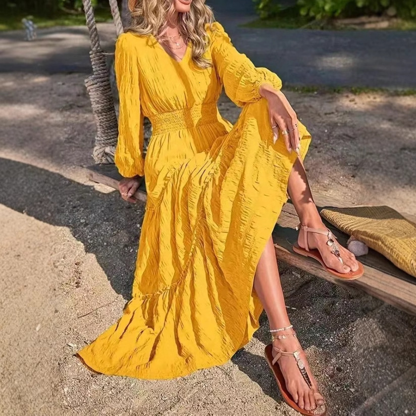 2025 New women's dress new women's V-neck sexy A-line dress solid color long sleeved loose summer dress new designer dress