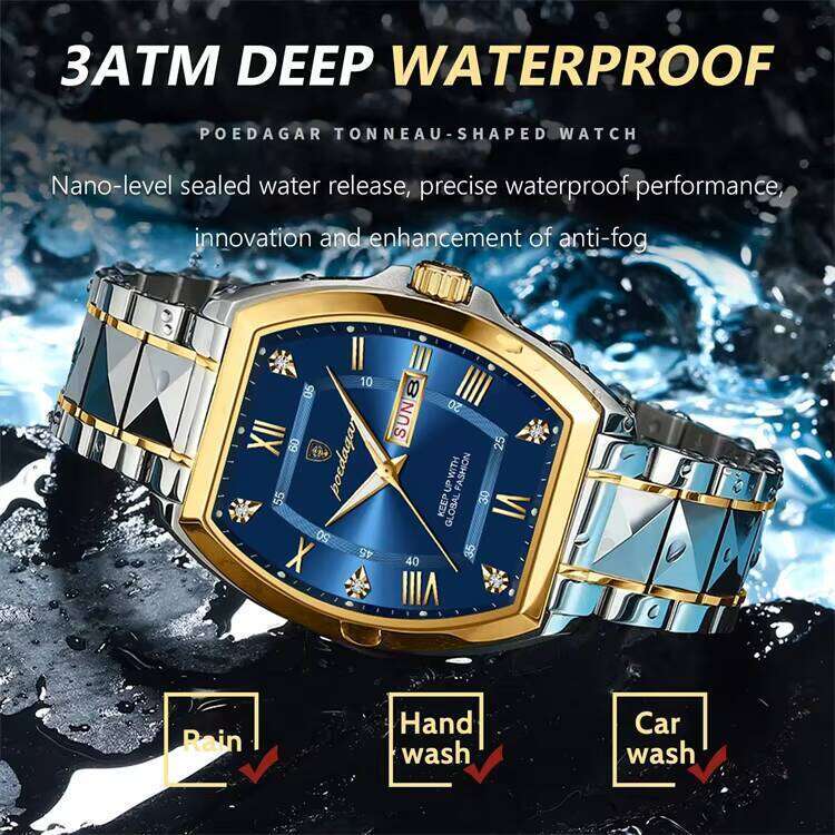 DHwatches Men's Tonneau Watch - Waterproof 50M Luminous Quartz Wristwatch with Day & Date, Stainless Steel (Model 958)