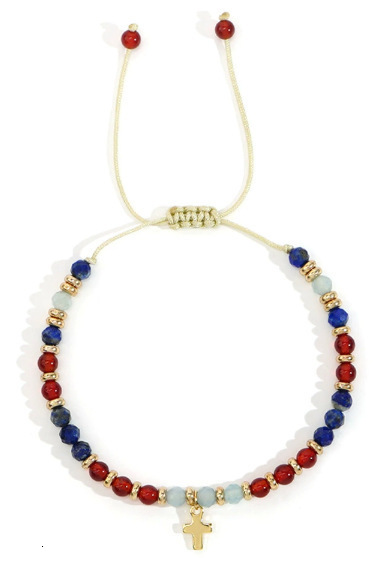 Colorful Natural Stone Bracelet with Turquoise and Gold Spacer Alloy Pendant Wax Thread Braided Bracelet Cross Half Bracelet 240723