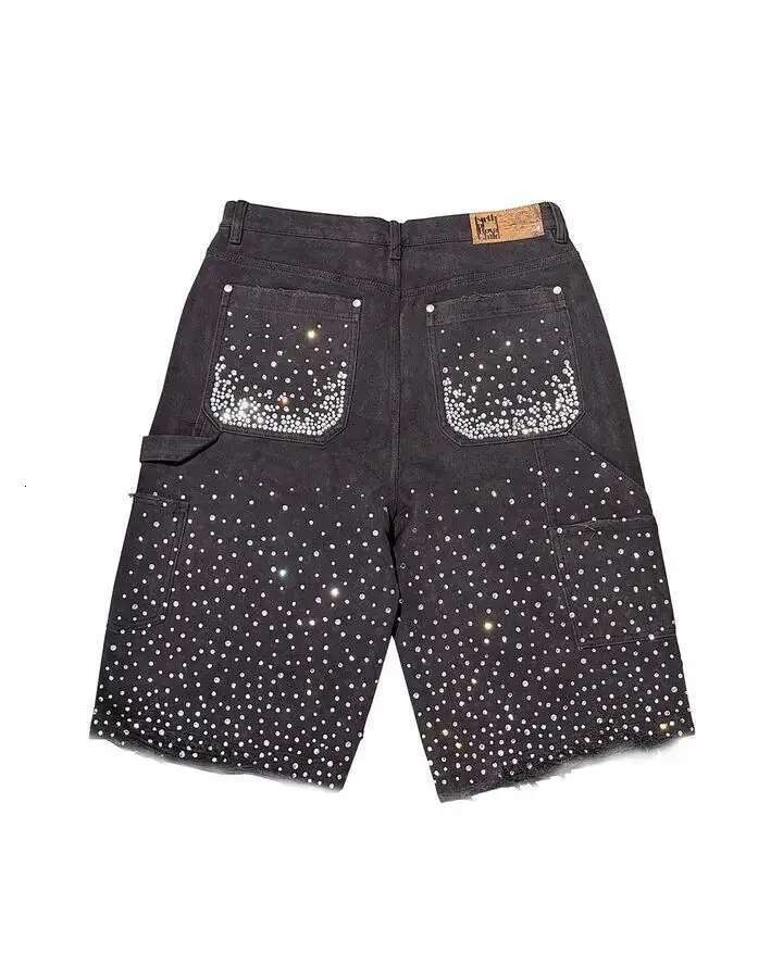 Streetwear Mens Vintage Rhinestone Sequin Y2K Jeans Hip Hop Baggy Denim Gym Casual Basketball Shorts