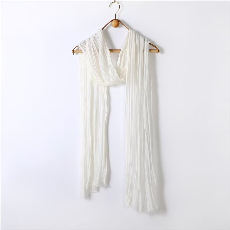 T1213 Spring and Summer Pure Color Washed Zen All-match Tassel Tie-dyed Cotton Slim Strip Flowing Scarf Pleated Cotton and Linen Scarf