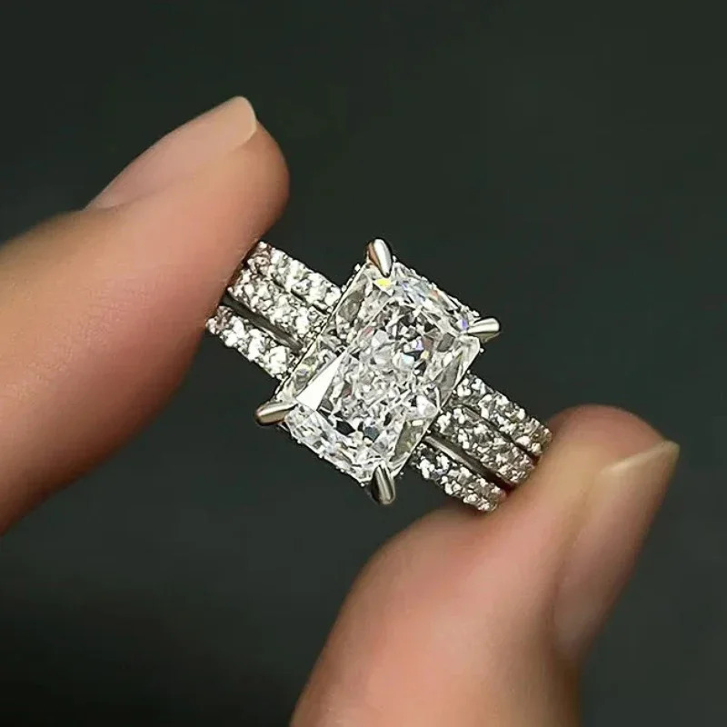 Huitan 3Pcs Set Rings y Geometric Rectangular Cubic Zirconia Women for Engagement Wedding Party Trendy Jewelry 250712