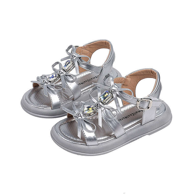 SHEIN Girls' Fashion Sandals with Rhinestones and Bowknot Princess 2025 Summer New Children's Open-Toe Beach Shoes