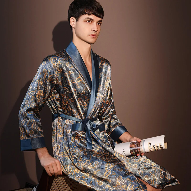 High Quality Nightrobes Men Summer Thin Bathrobe Large Size Ice Silk Printed Pajamas One-piece Robe Male Loungewear Gents Spring 250710