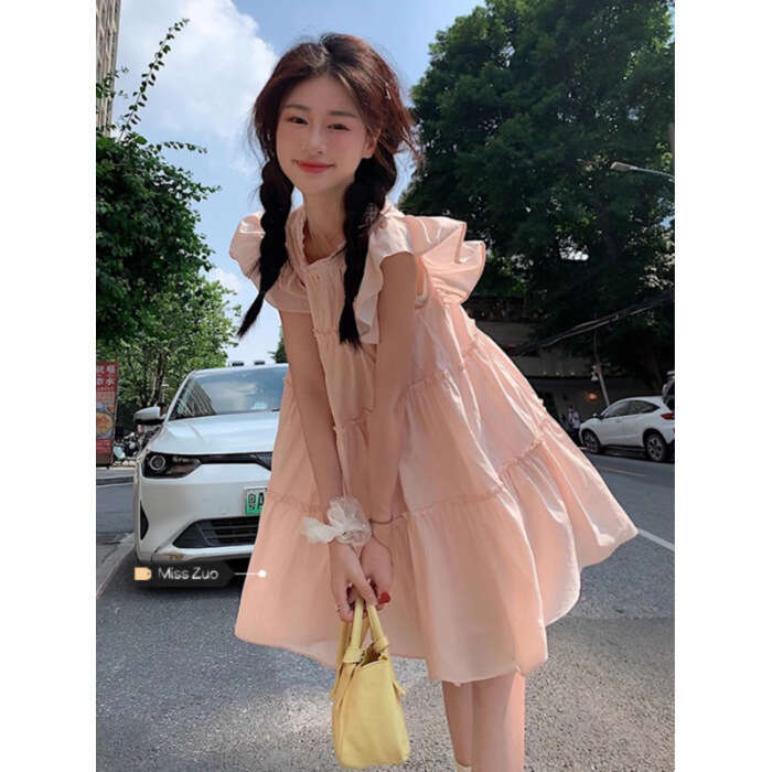 Sweet Gentle Pink Flutter Sleeve Women Summer New Loose Slimming A-Line Short Dress For Petite Figures B5