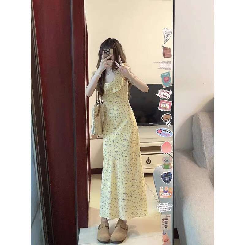 French Sweet Blue Polka Dot For Women Summer New Elegant Waist-Cinching Small Flutter Sleeve Mermaid Long Dress B5