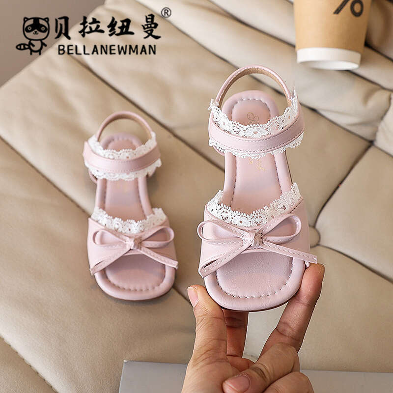 French Style One-Strap Bow Princess 2025 Summer New Children's Lace Edge Soft Sole Sandals
