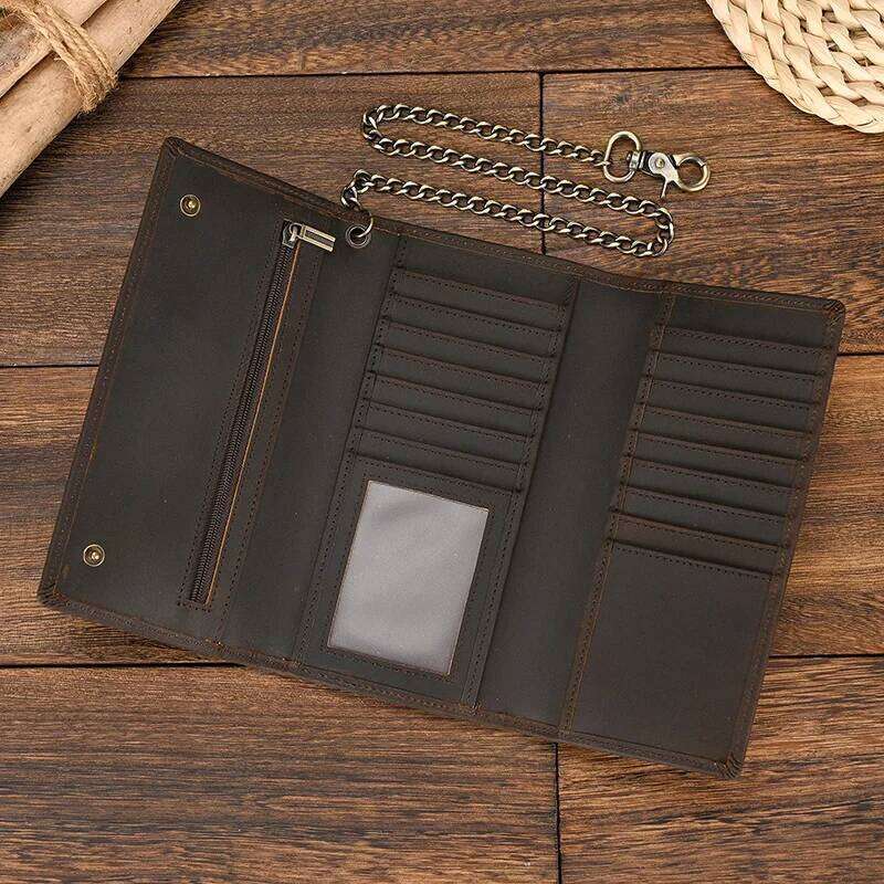 Genuine Leather Clip Multi Card Wallet With Iron Chain Wrist Men Purse For 6 Inch Mobile Phone Pouch Coins