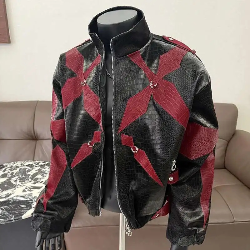 PFHQ Mens PU Leather Jacket Zipper Stand Collar Contrast Color Korea Fashion Darkwear Male Tops Casual 21E2807 250708