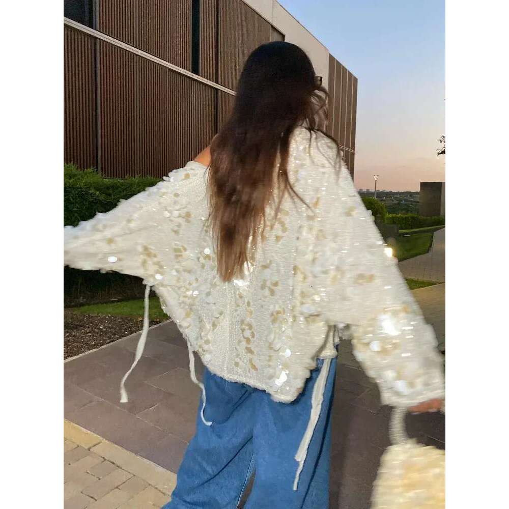 Women Sparkling Beaded Short Loose Jacket Chic Elegant V Neck Long Sleeve Lace Up Cardigan Autumn Female Fashion Streetwear
