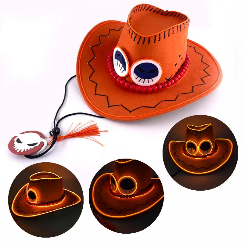 Glowing Firefist Ace pirate hat yellow luminous Portgas D costume neon cowboy for Halloween cosplay anime lovers 250704