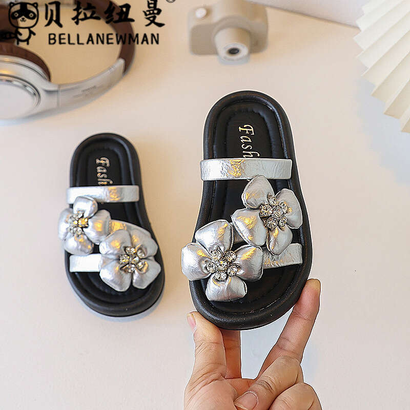 Choice Children's French Style Floral One-Strap Sandals 2025 Summer New Thick-Soled Rhinestone Slippers for Girls