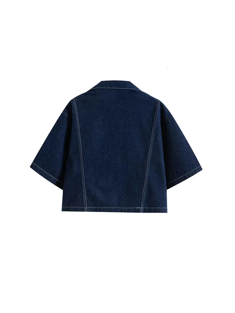 TRZA Womens Fashion Cropped Denim Shirt with Pockets Short Sleeve ButtonUp Chic Female Blouse Trendy Top 250704