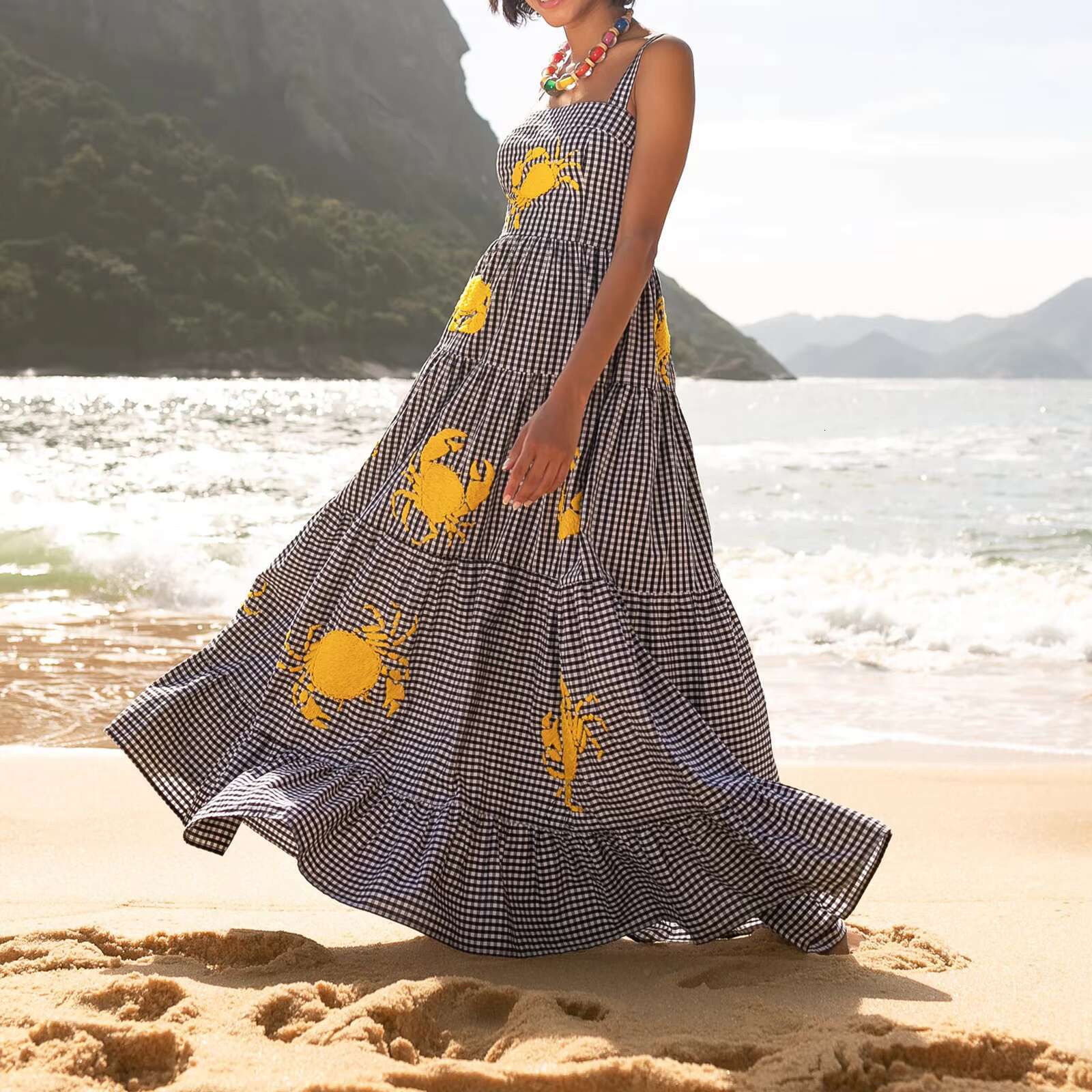 Imcute Women Cute Embroidered Beach Summer Boho Ruffle Long Spaghetti Strap Flowy Maxi Dress dongdumaoyi