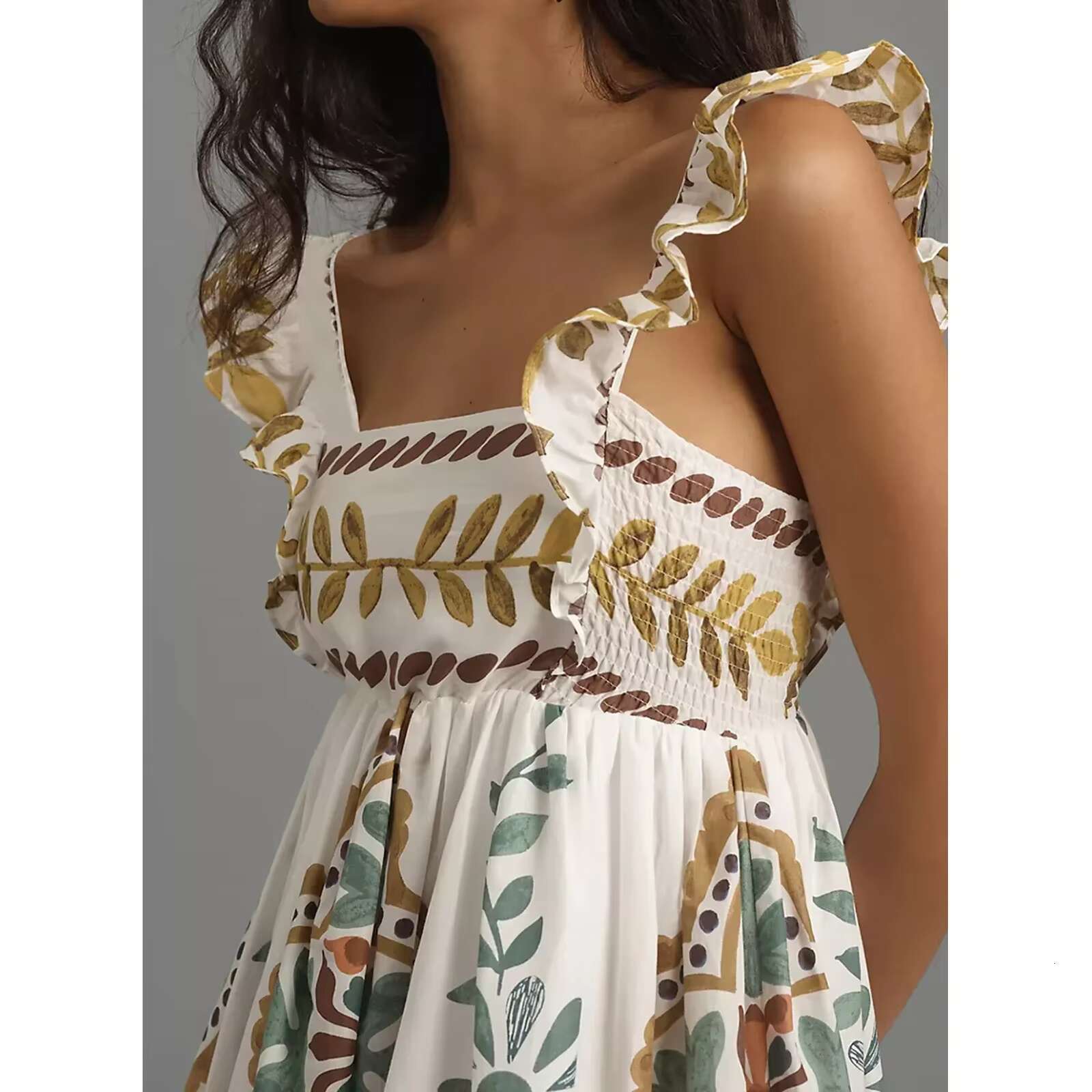 Womens Bohemian Mini A-Line Fashion Sweet Ruffle Sleeveless Square Neck Short Flowy Beach Dress dongdumaoyi
