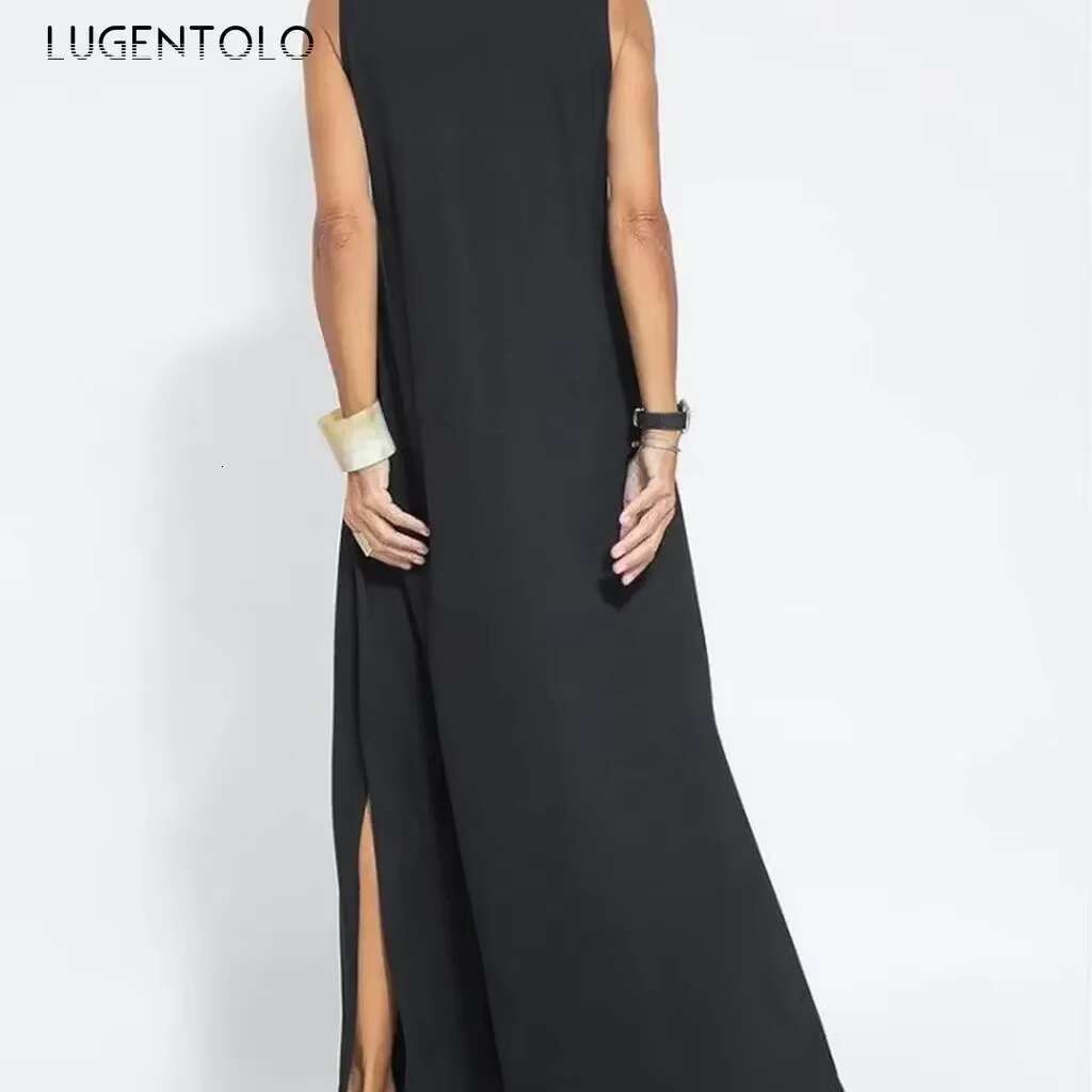 Fashion V-neck Dress Women Sleeveless Split End Summer Solid New Elegant Female Loose Casual Pullover Maxi Clothing dongdumaoyi