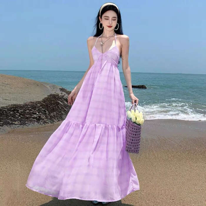 New French Style Halter Neck Strap Super Fairy Summer Vacation Sanya Beach Long Dress B5
