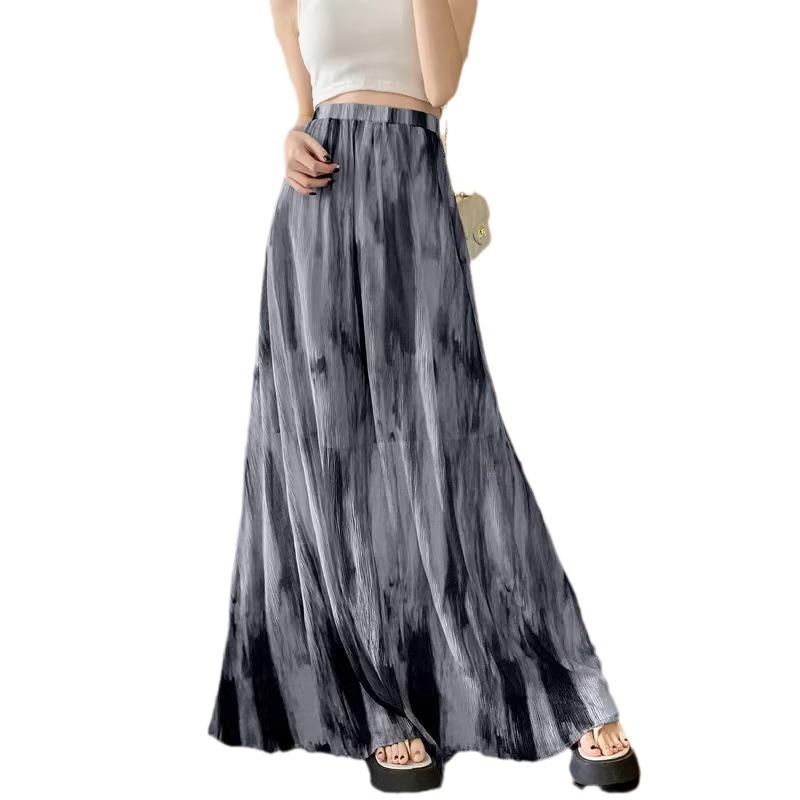 New women's dress retro Chinese ethnic style tie dye dress women's vacation style high waist slim fit A-line skirt pleated long skirt flared