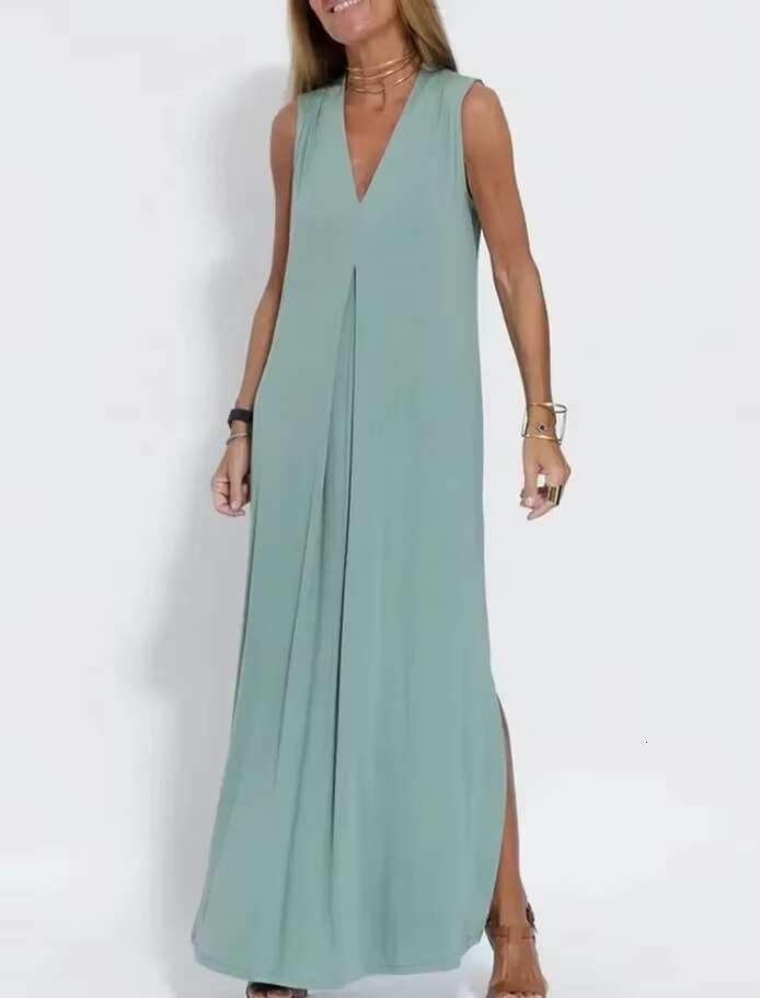 Fashion V-neck Dress Women Sleeveless Split End Summer Solid New Elegant Female Loose Casual Pullover Maxi Clothing dongdumaoyi