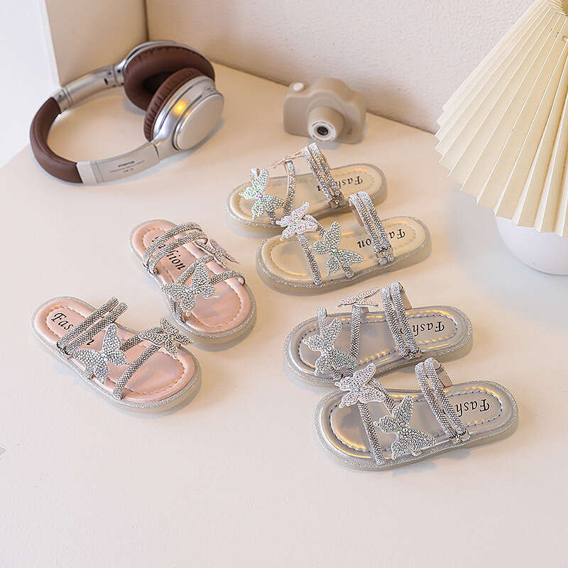 Children's Rhinestone French Style One-Strap Sandals 2025 Summer New Fashion Bowknot Fairy Slippers for Girls