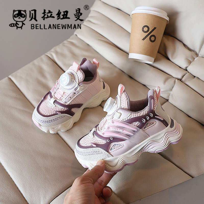 Girls' Fashion Dad Shoes 2024 Autumn New Korean Style Boys' Mesh Breathable Rotating Button Sneakers for Big Kids