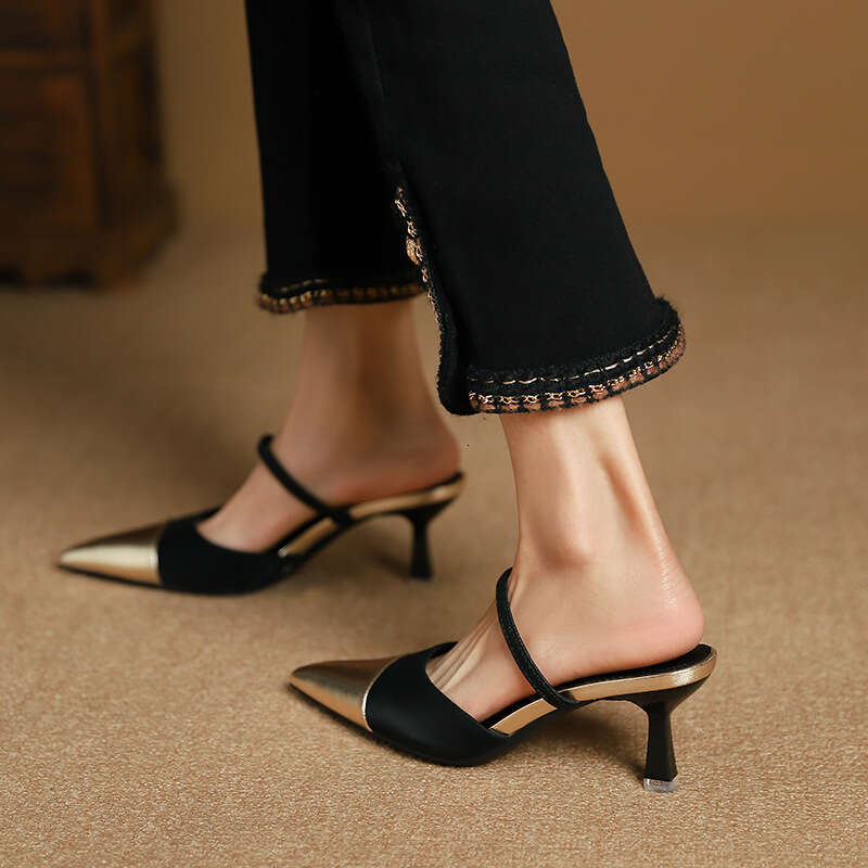 699-70 New Style Small Fragrance Color Block Pointed Toe Half Mules Sandals with Open Back and Closed Toe, Strappy Kitten Heels for Women