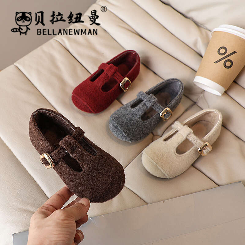 Girls Mary Jane Princess 2024 Autumn Winter New Children's Flat One-Strap T-Grandma Single Shoes