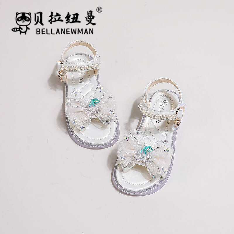 Children's 2024 Summer New Fashion Pearl Bow Princess Sandals Little Girls' Beach Shoes