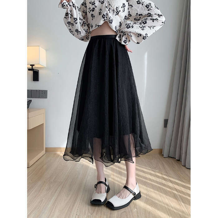 Gentle Mesh Half Women Summer Mid-Length Waist Slimming Flared Skirt Super Fairy Long B5