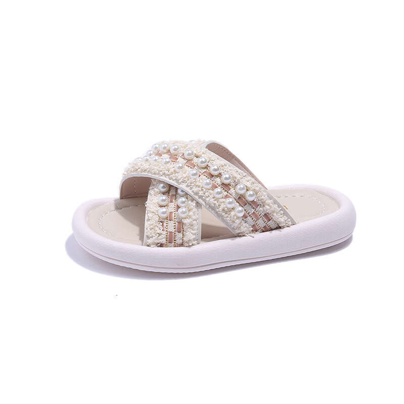 Choice Hot-Selling Children's Fashion 2025 Summer New Girls' Cross Pearl Flat Slippers
