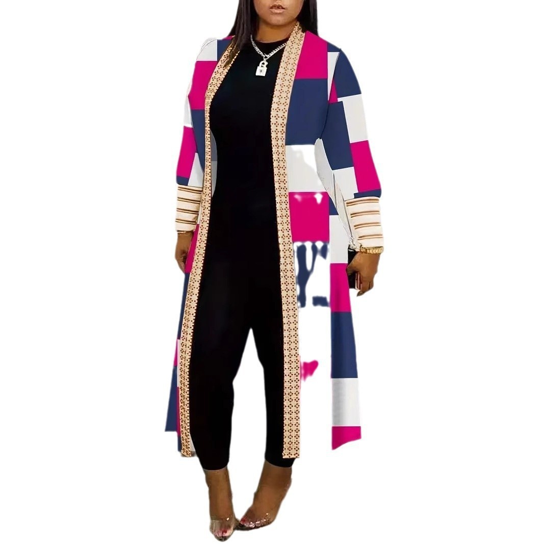 Stitching Casual Cardigan Open Front Y2K Tie-Dye Printed Cardigan Trench Women Long Sleeve Straight Stripe Longline Coat 240813