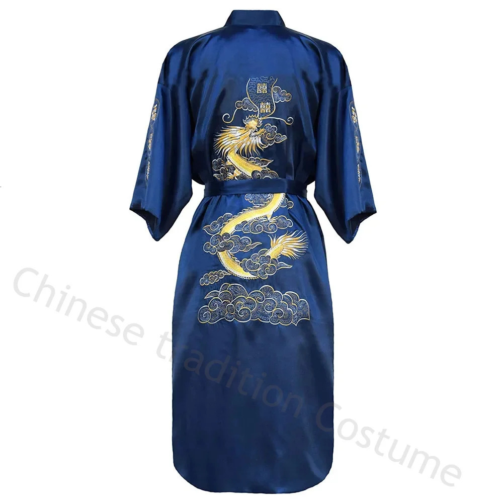 Man Homewear Long Bathrobe Satin Kimono Nightgown Chinese Style Robe Classical Embroider Dragon Loose Sleepwear Loungewear 250710