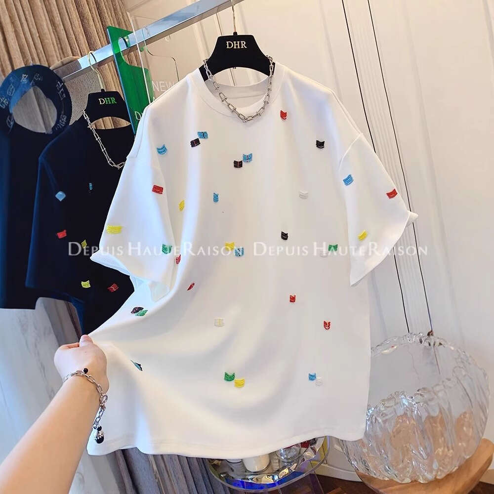 Summer Regular Shoulder Short Sleeve Unique Korean Style Embroidered Top Niche Design Loose Plus Size Women's T-Shirt B5