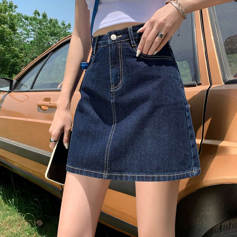 Summer Hong Kong Style Versatile High Waist A-Line Women's Small Size Unique Design Denim Short Skirt B5