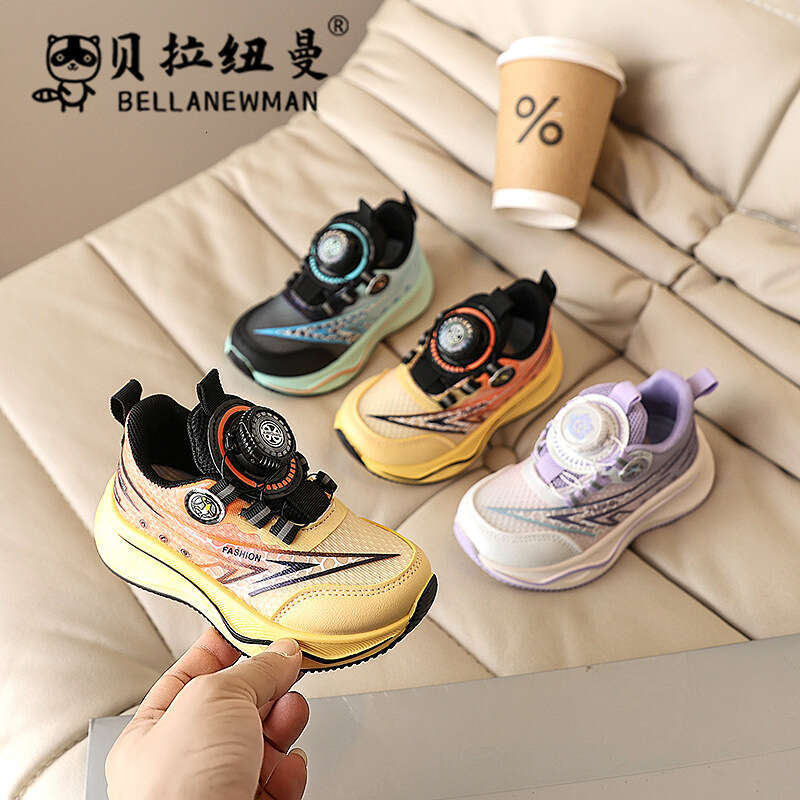 Children's Rotating Button Sneakers 2025 Spring Autumn New Korean Style Boys Casual Running Big Kids Mesh Shoes