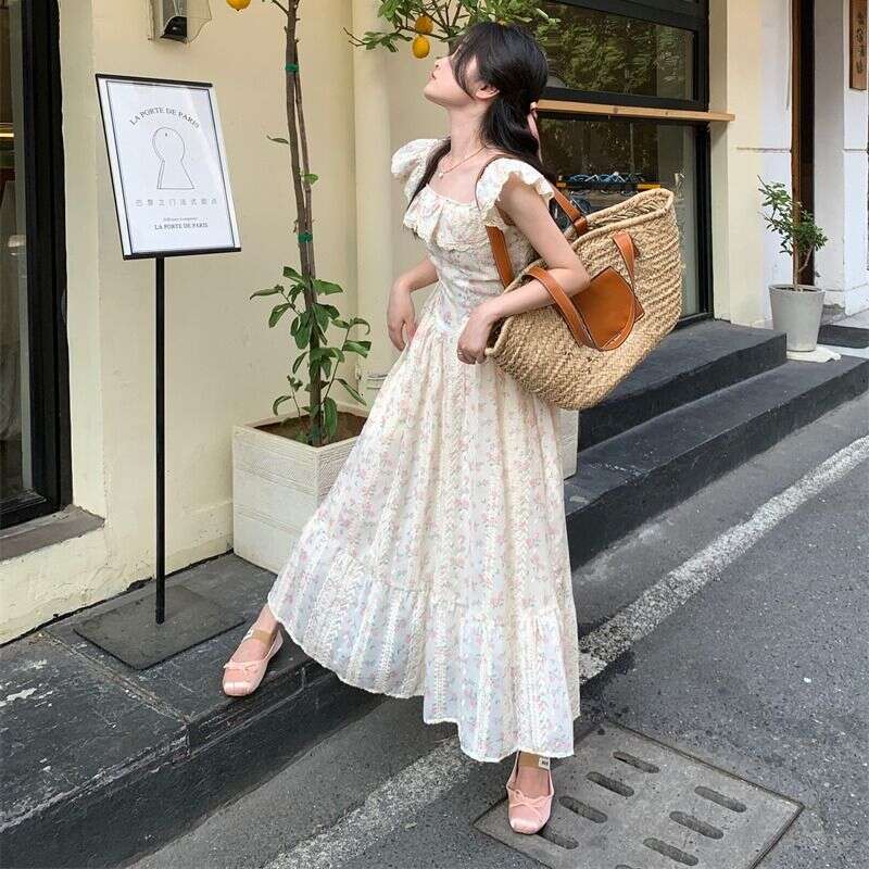 Summer Style Ruffled Square Neck Small Flutter Sleeve Floral For Women, Gentle And Sweet Waist-Cinching Mid-Length Dress B5